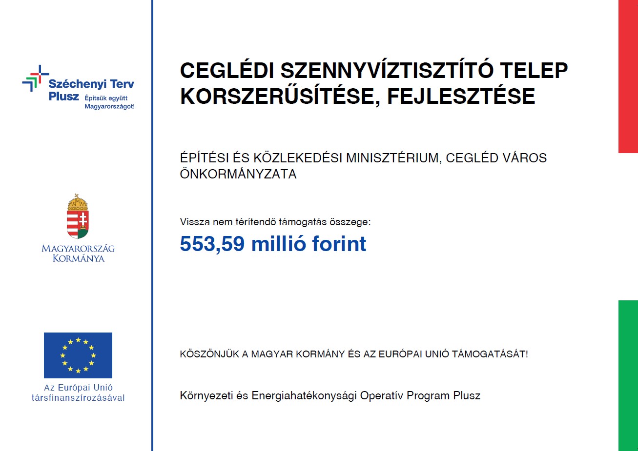 Ceglédi szennyvíztisztító telep korszerűsítése, fejlesztése projekt tábla
